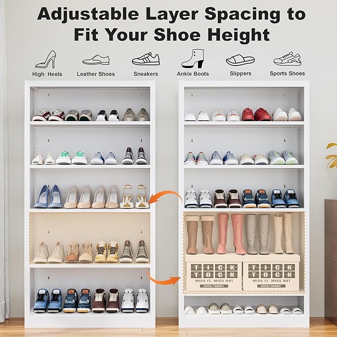 5-Space Heavy Duty Steel Shoe Rack, 4-Tier Adjustable Shoe Shelf with Back Panel, 66" Tall Open Shoe Organizer for Entryway, Closet, Apartment - Sturdy Metal Shoe Storage (White, 5 Tier-66"H*33W)