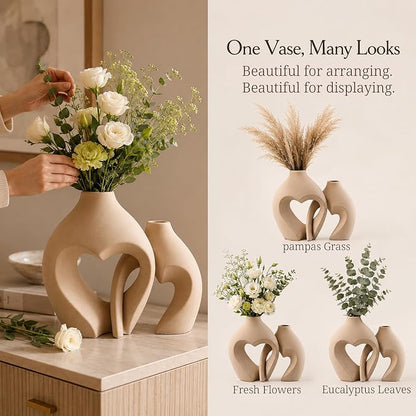 Brown Ceramic Flower Vases Home Decor Heart Shaped Vase Set of 2 Nordic Heart Shaped Vases, Minimalist Decorative Vase for Table Centerpiece Wedding Dining Living Room Office House Decoration