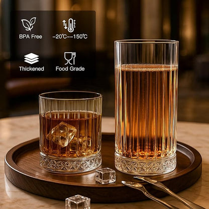 Ruckae Drinking Glasses Set of 8,15 oz and 7 oz Kitchen Water Glass Cups Set,Clear Ribbed Glassware Dishwasher Safe,Mixed Drinkware for Beer,Juice,Cocktail,Whiskey,Milk and Various Mixed Drinks
