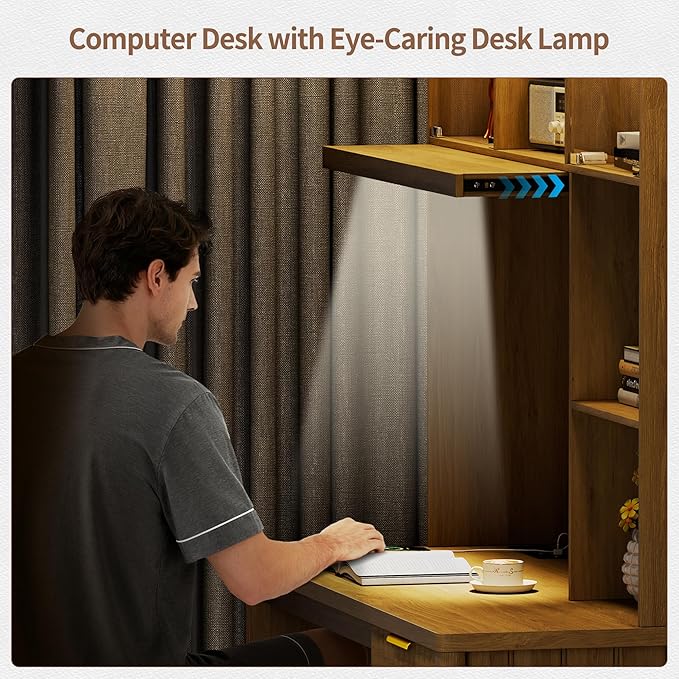 FREDEES LED Study Desk with Hutch, Home Office Desk with Charging Station & Storage Drawer, 70'H Writing Table with Glass Display Cabinet, 3 Color Light Computer Desks for Study, Wood