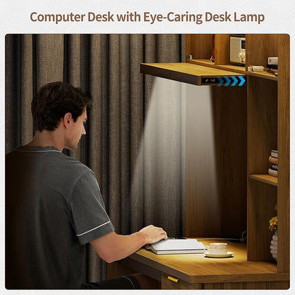 FREDEES LED Study Desk with Hutch, Home Office Desk with Charging Station & Storage Drawer, 70'H Writing Table with Glass Display Cabinet, 3 Color Light Computer Desks for Study, Wood
