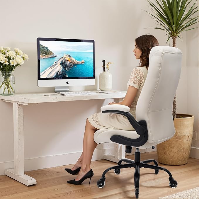 Big and Tall Office Chair for Heavy People, Executive Desk Computer Chair Adjustable Flip-up Armrests for Women, PU Leather Swivel Task Chair with Ergonomic High Back and Lumbar Support (White)