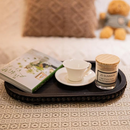HPC Decor 15in Oval Tray for Home Decor - Black Wood Beaded Tray - Decorative Serving Tray,Rustic Farmhouse Wooden Trays for Vintage Centerpiece,Kitchen Counter,Living Room Decor,Coffee Table Decor.