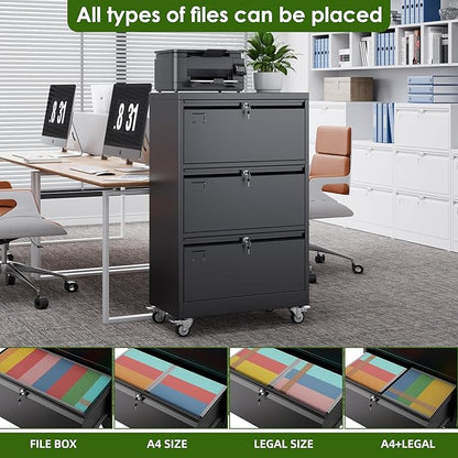 Aobabo 3 Drawer Lateral File Cabinet with Wheels, Lockable Metal Filing Cabinet for Home Office, Legal/Letter Size,Black,Required Assembled,15.87" D x 28.94" W x47.63 H