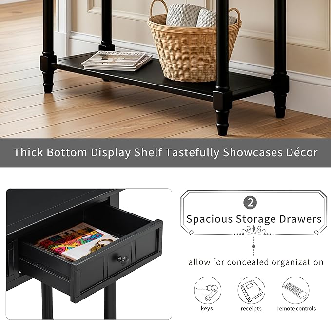 Knocbel Antique Entry Console Table with 2 Drawers & Bottom Open Shelf, Wood Sofa Tables for Entryway Hallway Living Room, 35.34" W x 13.8" D x 30.25" H, Black