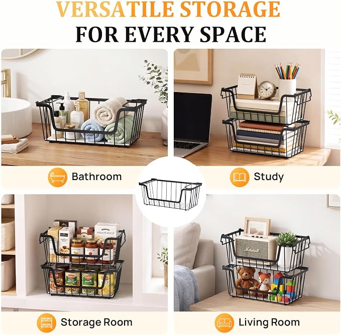 SUNALLY Stackable Storage Bins 4 Pcs Wire Baskets for Pantry Organizers and Storage, Vegetable Fruit Storage Basket for Countertop Organizer,Kitchen Baskets for Onion Potato Snack Cans Storage,Black