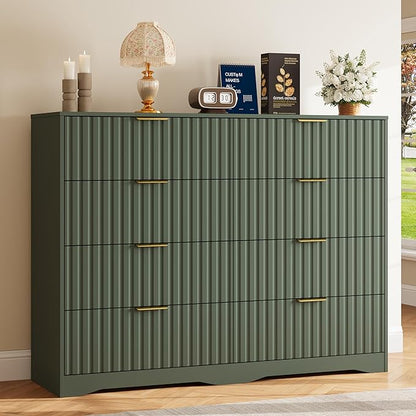 Fluted 8 Drawers Dresser for Bedroom, 55" Wide Wood Dressers Chest of Drawers with Metal Handle, Modern Dresser Storage Organizer for Living Room, Green