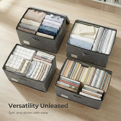 PRANDOM Storage Bins with Lids [3-Pack] Linen Fabric Foldable Storage Boxes Organizer Containers Baskets Cube with Cover for Bedroom Closet Office Grey(23.4X15.9X11.4)