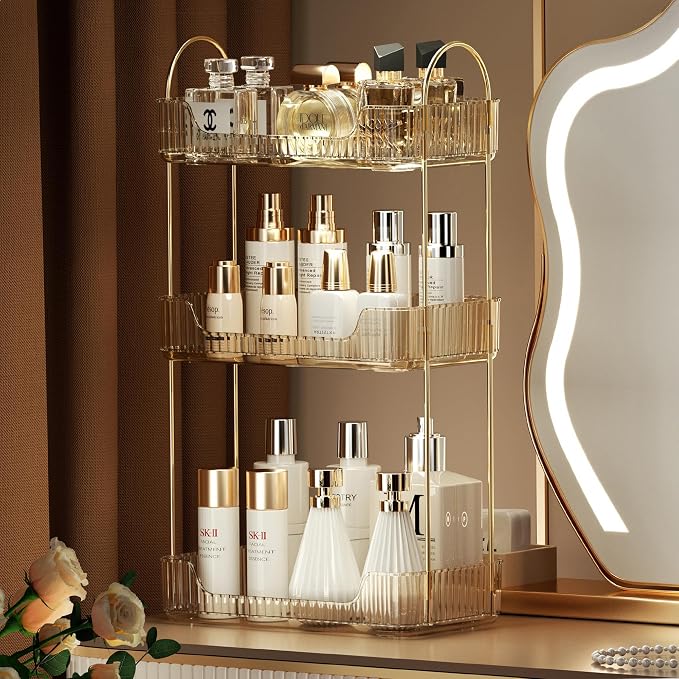 Akinbas 3 Tier Bathroom Organizer Countertop Makeup Perfume Tray Skincare Organizer for Bathroom Dresser Vanity (Gold)