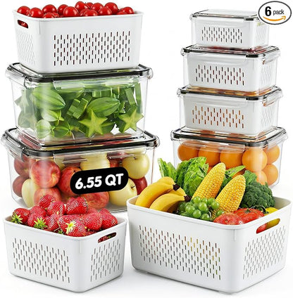Fruit Storage Containers for Fridge - 6 Pack Produce Storage Containers with Removable Colander, Leakproof Refrigerator Fruit Organizers Keep Berry Veggie Salad Meat Fresh Longer, Largest 6.55 Quart
