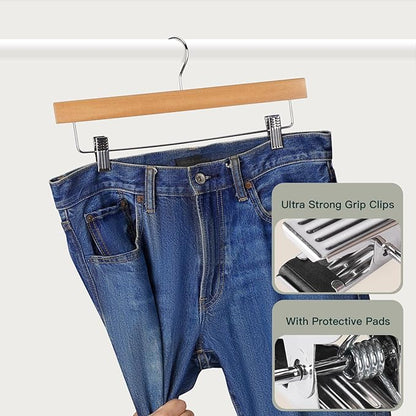 Skirt Hangers 20 Pack Wooden Pants Hangers,Smooth Solid Wood Skirt Hangers,360 Swivel Hooks & Adjustable Clips,for Jeans,Trouser,Shorts,Scarf.(Natural)