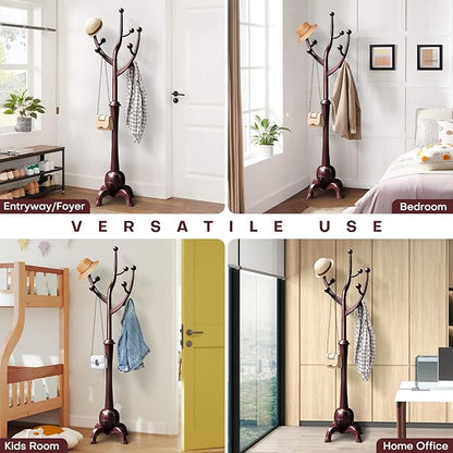Bekrvio Coat Rack Freestanding Wood Tree Rack with 8 Hooks, Creative Design Tree Branch-look, Coat Tree Clothes Hanger Stand with Stable Sphere Base for Entryway, Hallway, Bedroom (Wine Red)