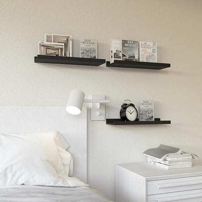 RICHER HOUSE 3 Set Floating Shelves for Wall, 16 inches Black Wall Mounted Shelves with Lip for Storage, Display Picture Ledge Shelf for Bedroom Bathroom Kitchen Living Room Decor, Modern Black