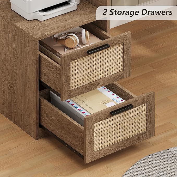 63" Farmhouse L Shaped Executive Desk with Drawers & Storage Shelf, Corner Rattan Computer Desk with Power Outlets, L Shaped Office Desk with Monitor Stand, Printer Shelf
