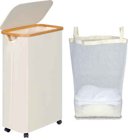 efluky Slim Laundry Basket with Wheels, Tall Rolling Laundry Hamper with Lid and Removable Bag, Aesthetic Dirty Clothes Hamper on Wheels for Laundry Room, Bedroom, Dorm and Bathroom,75L Beige