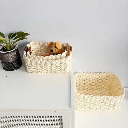 Small baskets for Organizing,Cute woven Storage basket with recycled paper rope for Shelves Bathroom,Little decorative basket,Set of 3 (Beige)