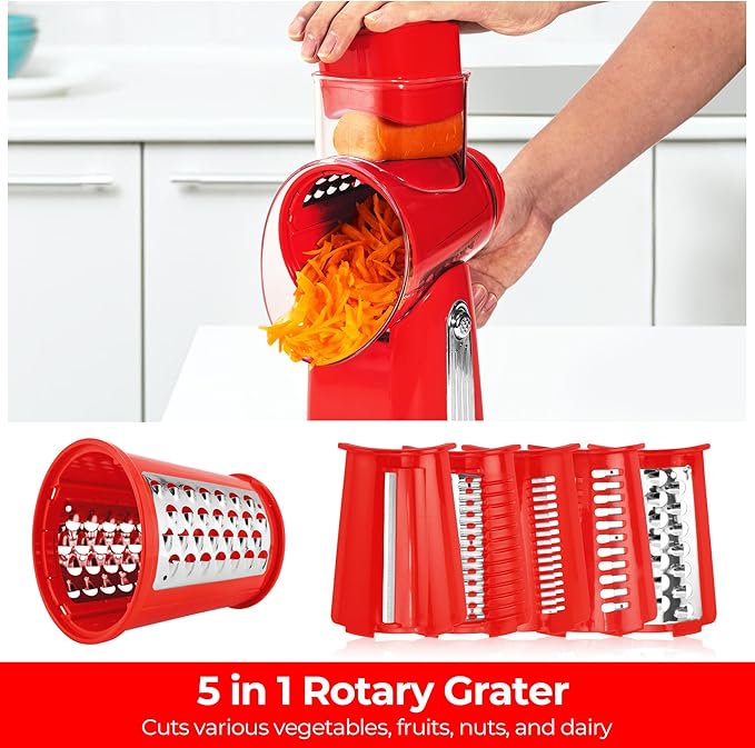 SUSTEAS Rotary Cheese Grater with Handle - Vegetable Shredder with 5 Well-designed Blades & Strong Suction Base,Round Mandoline Slicer & Food Chopper for Kitchen,with Blade Storage Box(Red)