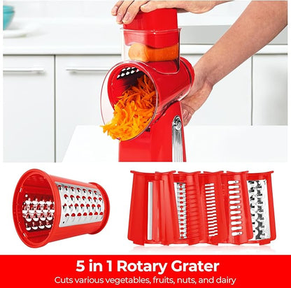 SUSTEAS Rotary Cheese Grater with Handle - Vegetable Shredder with 5 Well-designed Blades & Strong Suction Base,Round Mandoline Slicer & Food Chopper for Kitchen,with Blade Storage Box(Red)