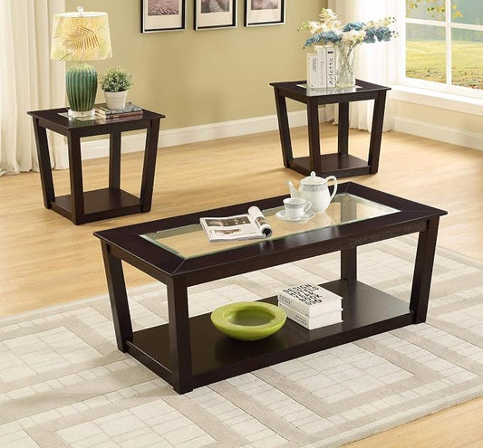 GTU Furniture 3Pc Glass Top Black Cocktail Coffee & End Table Set