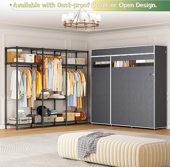 Raybee Clothes Rack with Cover, Clothing Racks for Hanging Clothes with Adjustble Shelves,Portable Closet 15.74''D x 56.02''W x 75.4''H Hold 800LBS for Bedroom, Apaertment, Dorm, Space Saving, Grey