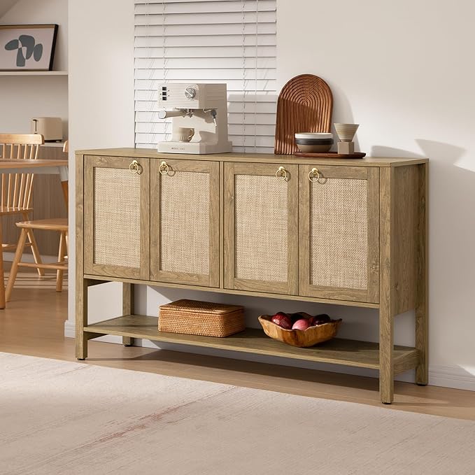 SICOTAS Rattan Sideboard Buffet Cabinet with Open Storage - Large Storage Cabinet with 4-Doors and Adjustable Shelves, Boho Credenza Coffee Bar Cabinets Buffet Table Console Table for Kitchen,Hallway