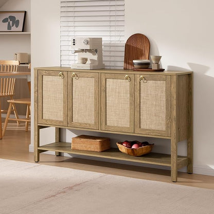 SICOTAS Rattan Sideboard Buffet Cabinet with Open Storage - Large Storage Cabinet with 4-Doors and Adjustable Shelves, Boho Credenza Coffee Bar Cabinets Buffet Table Console Table for Kitchen,Hallway