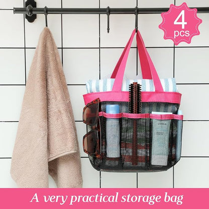 Hillban 4 Pcs Mesh Shower Caddy Portable Shower Caddy for Dorm Beach Mesh Bags with Deeper 8 Pockets and Handles Showers Caddies Basket for Women College Room Vacation(Rose Red)