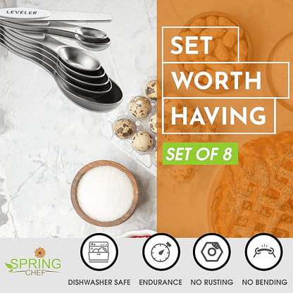 Spring Chef White Stainless Steel Magnetic Measuring Spoons Set of 8 with Leveler, Dual Sided Metal Teaspoon & Tablespoon Measuring Spoons, Fits in Spice Jars, Kitchen Gadgets for Baking & Cooking