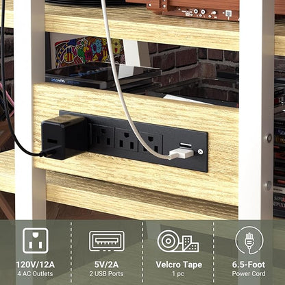 Besiost AV Media Stand with Outlets, Media Console with LED Lights, Stereo Racks and Stands with Storage Shelves, Media Audio Tower Cabinet, Natural Oak and White