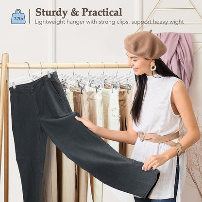 HOUSE DAY Bulk Clear Pants Hangers with Clips 500 Pack, Non-Slip Plastic Skirt Hanger with 2 Adjustable Clips, Slim Clip Hangers for Pants, Skirts, Shorts, 14" Clear Hanger, 360-Rotating Swivel Hook