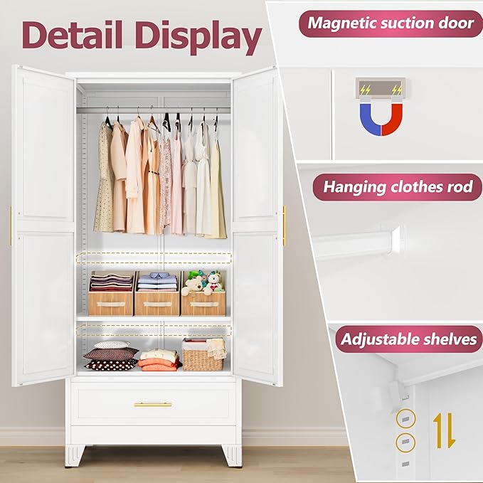 Steel Armoire Wardrobe Closet with 2 Doors, 71" Household Wardrobe Cabinet with Hanging Rod and Drawers, Metal Clothing Storage Cabinet with Adjustable Shelf for Bedroom, Cloak Room, Gym(White)