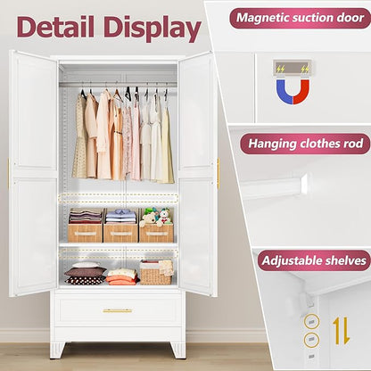 Steel Armoire Wardrobe Closet with 2 Doors, 71" Household Wardrobe Cabinet with Hanging Rod and Drawers, Metal Clothing Storage Cabinet with Adjustable Shelf for Bedroom, Cloak Room, Gym(White)