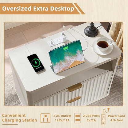 LEYAOYAO 31" Wide Fluted Nightstand Set of 2 with Charging Station, Oversized Extra Large 2 Drawers Night Stand,White Wood Bedside Table,Tall End Tables,Modern Chest of Drawers Dressers for Bedroom