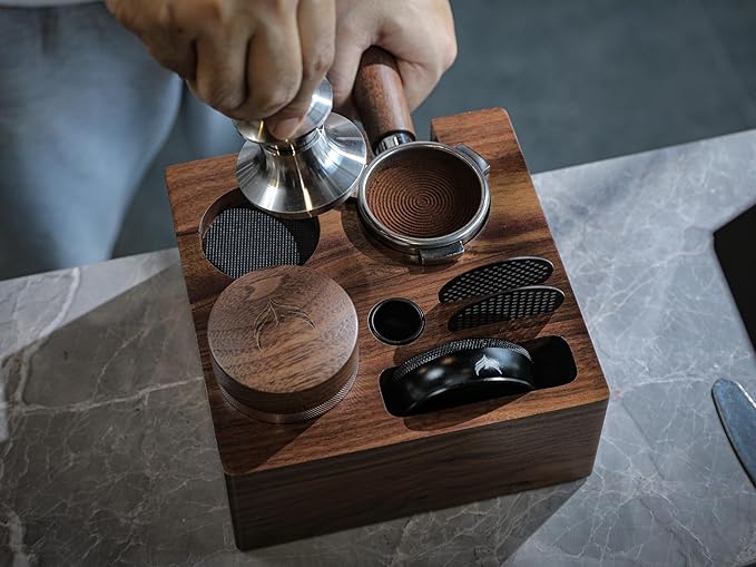 58mm Tamper Station Walnut Portafilter Holder Compact Espresso Organizer with Multi Accessory Storage Espresso Machine Accessories for Coffee Bar