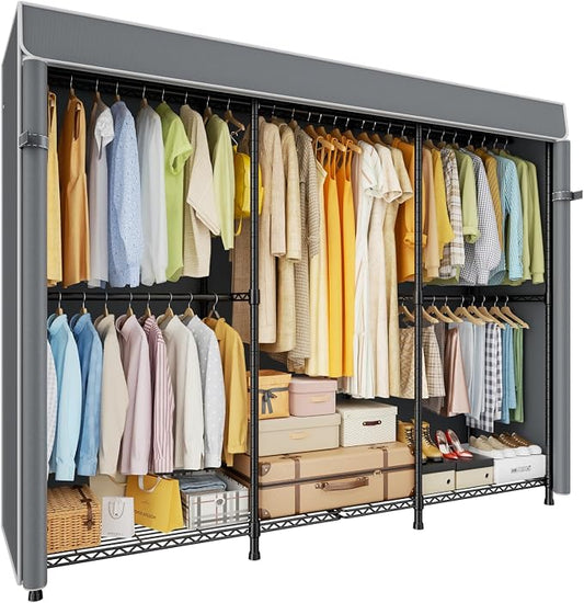 ULIFHOME E14C Pro Heavy Duty Closet Organizer System，Freestanding Clothing Racks for Hanging Clothes，Adjustable Garment Rack 69" W × 16" D × 77" H Hold 960 lbs，Black Rack with Grey Dustproof Cover
