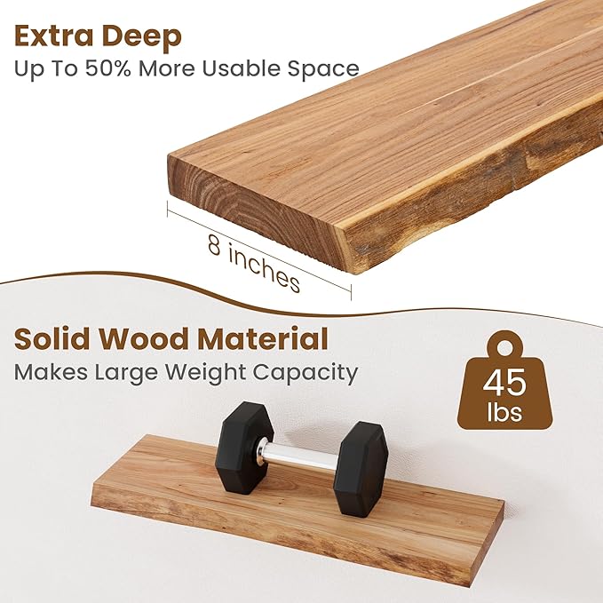 Floating Shelves for Wall Decor, Rustic Solid Elm Wood Live Edge Floating Shelves Wall Mounted, Wall Shelves with Invisible Bracket for Living Room Bathroom Bedroom Kitchen, 24 Inch Set of 2, Natural