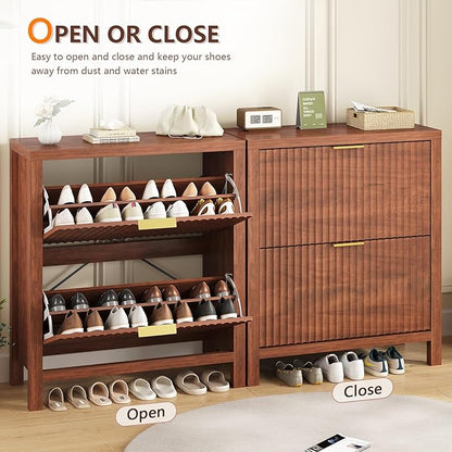 Shoe Cabinet Storage for Entryway, Fluted Shoe Cabinet with 2 Flip Drawers, Hidden Shoe Rack Tall Freestanding Shoe Organizer with Legs for Hallway, Walnut