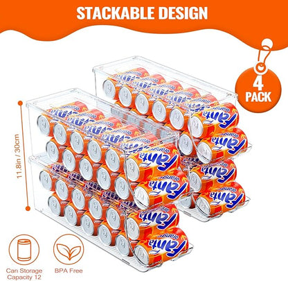 4 Pack Soda Can Organizer for Refrigerator, Stackable Canned Food Pop Cans Container Can Holder Dispenser with Lid for Fridge Rack Freezer, Clear Storage Bins-Holds 12 Cans Each (Transparent)