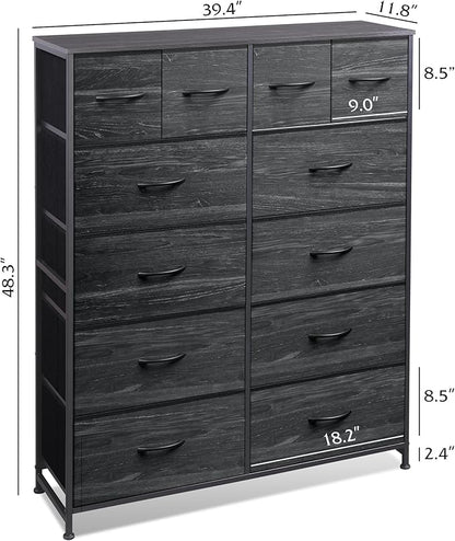 Tall Console Table with 12 Fabric Drawers, Tall Storage Organizer with Wood Top, Entryway Table with Storage, Steel Frame for Living Room, Hallway, Office, Charcoal Black Wood Grain Print