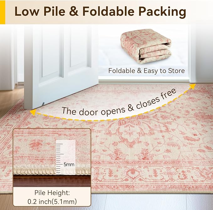 RELEANY Area Rugs Round 4ft Washable Non-Slip, Floral Vintage Distress Medallion Carpet for Living Room Bedroom Dining Room, Pink Light Vintage Pink