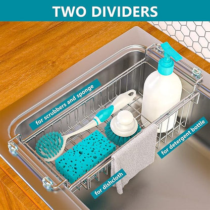 FavoThings Over The Kitchen Sink Caddy Sponge Holder Organizer Drying Rack Expandable for Sponge Brush Soap Dish Cloth Rag 14.5" to 22", Stainless Steel