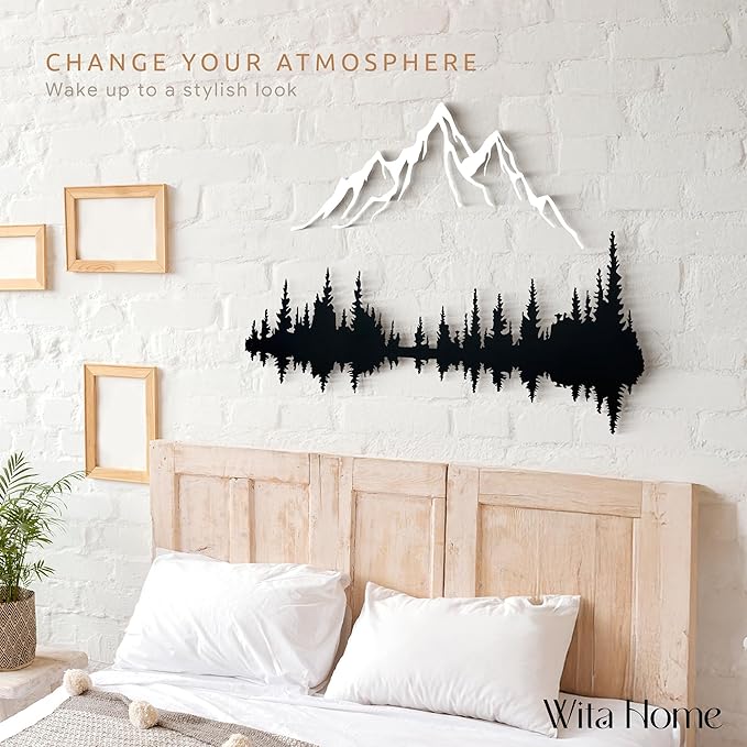 Wita Home Mountain and Forest Metal Wall Art, Wall Mounted Home Decor, Pine Trees and Nature Wall Art for Living Room, Bedroom or Office, Large Outdoor Wall Decor, Nature Christmas Decor (White Mountain-Black Forest, 40x27 inches)