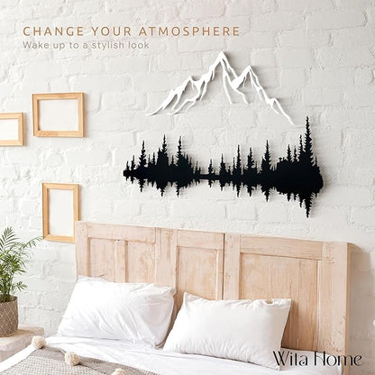 Wita Home Mountain and Forest Metal Wall Art, Wall Mounted Home Decor, Pine Trees and Nature Wall Art for Living Room, Bedroom or Office, Large Outdoor Wall Decor, Nature Christmas Decor (White Mountain-Black Forest, 40x27 inches)