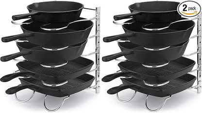 CAXXA Heavy Duty Pan Rack, Pot Lid Rack, Kitchen Cabinet Pantry Cookware Organizer Rack Holder with 5 Adjustable Dividers, Chrome (Pack of 2)