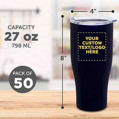 DISCOUNT PROMOS 50 Stainless Steel Grip Travel Mugs Set, 27 oz. - Customizable Text, Logo - Vacuum Insulated, Plastic Lid - Blue