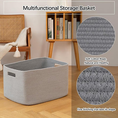 OIAHOMY 75L Large Blanket Basket, Woven Blanket Storage Basket with Handle, Cotton Rope Basket for Organizing 22”x17”x12”, Blanket Basket living Room, Toy Basket for Nursery, Grey