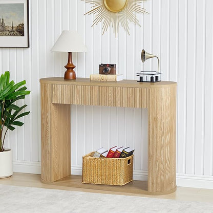 42.5” Console Table with 2 Drawers, Fluted Entryway Table with Rounded Corners, Rectangular Sofa Table Behind Couch for Living Room, Hallway, Foyer (Natural)