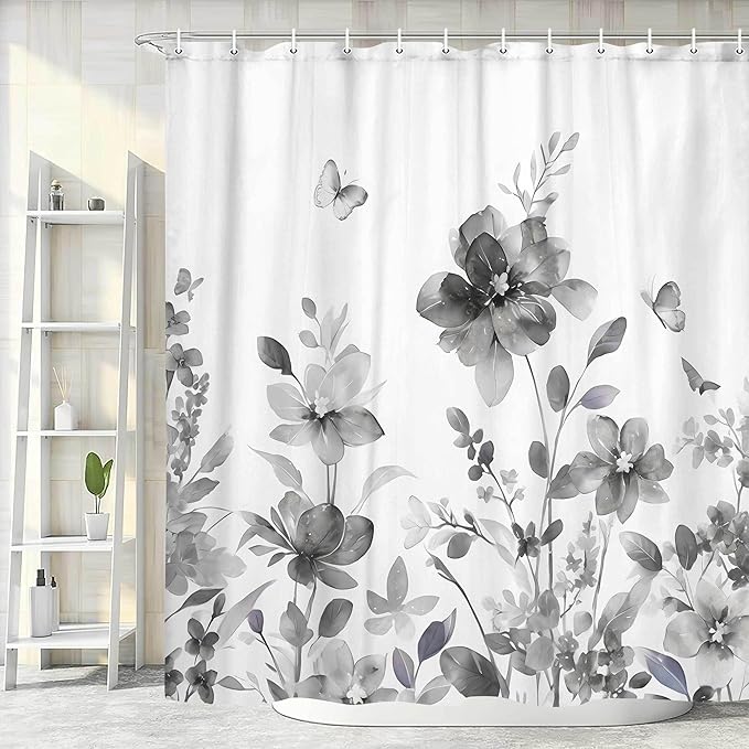 Grey Floral Shower Curtain, Grey Lavender Floral Butterfly Boho Shower Curtains for Bathroom, Farmhous Flower Cute Fabric Shower Curtain Set with 12PCS Hooks, 36X70IN