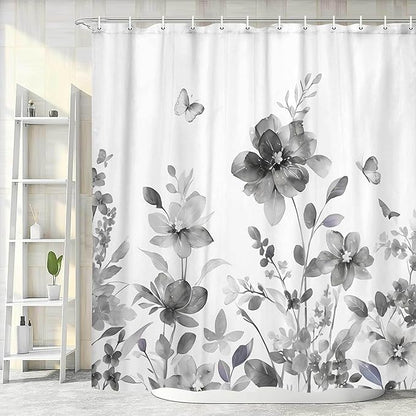 Grey Floral Shower Curtain, Grey Lavender Floral Butterfly Boho Shower Curtains for Bathroom, Farmhous Flower Cute Fabric Shower Curtain Set with 12PCS Hooks, 36X70IN