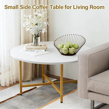 FAMIDGE Coffee Table, 23.6" Coffee Tables for Living Room, Round Coffee Table with Metal Frame, Floor Table for Sitting on The Floor, Home, Office, White & Gold Legs